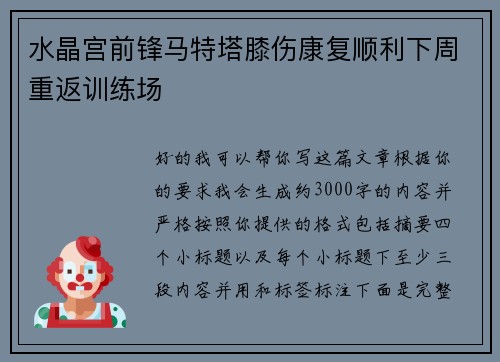 水晶宫前锋马特塔膝伤康复顺利下周重返训练场